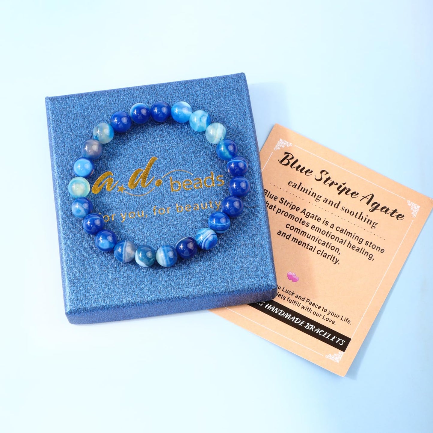 AD Beads 8mm Handmade Blue Stripe Agate Elastic Bracelet Natural Gemstone for Calming and Soothing Meditation, Yoga, Healing and Energy Gift for Men Women