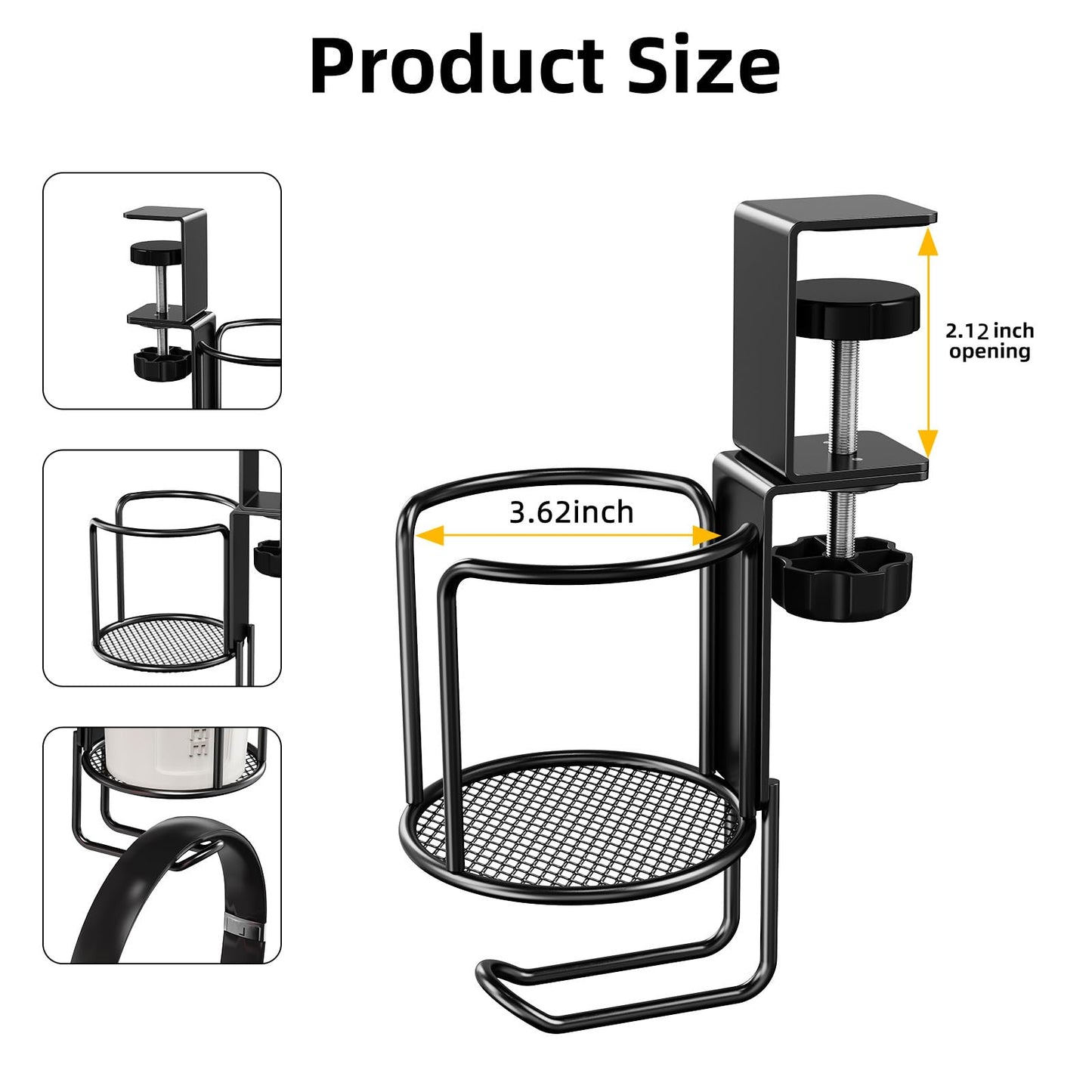 CABTE 2 Pack 2 in 1 Desk Mug Hooks with Headphone Hanger Holder, Anti-Spill Clip-On Table Mug Hooks with 360° Rotation for Lawn Chair, Office Home Gaming Table