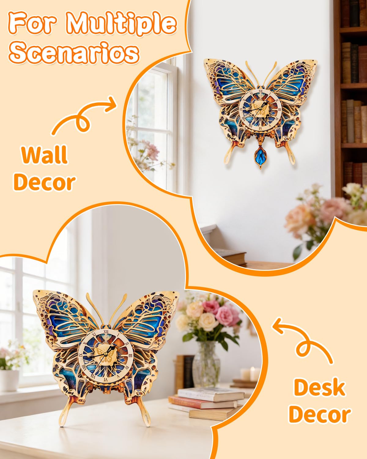 Rnfinewow 3D Puzzles for Adults, Butterfly Design Clock Kit with Pendulum, Beginner 3D Wooden Puzzles Model Kit DIY Crafts for Office Wall Decor Hobbies Birthday Christmas Idea Gift