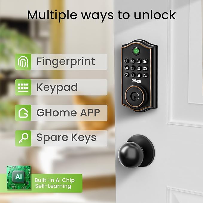 GHome Smart Deadbolt Lock, Fingerprint Code Keyless Entry Door Lock for Front Door, Auto Lock, App Control, Digital Keypad deadbolt, Smart Door Lock for Home Airbnb Apartment Hotel Garage, Black