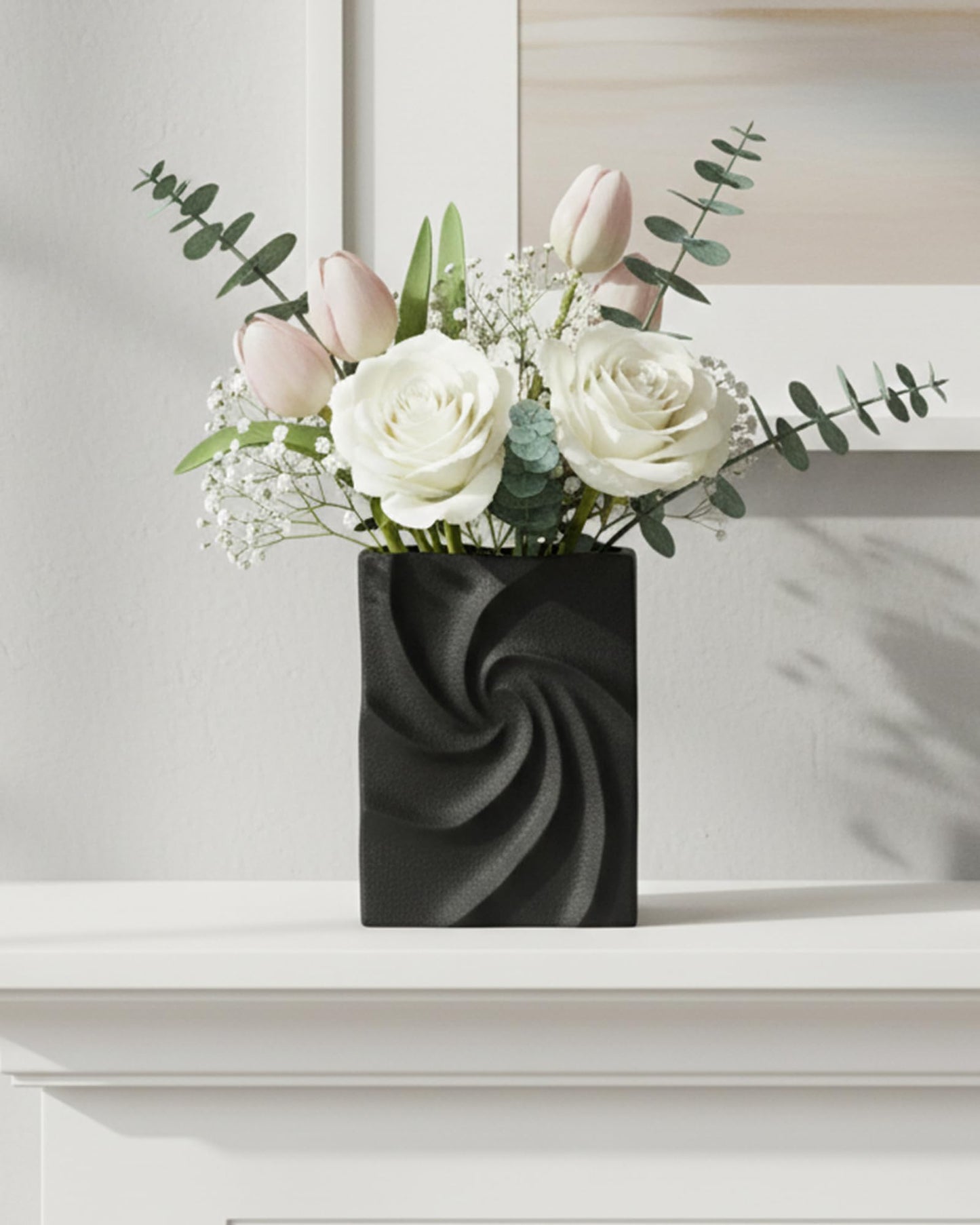 Small Black Vases Home Decor, Organic Square Whirlpool Shape, Aesthetic Small Flower Vase Living Room, Bedroom, Bathroom, Shelf & Table Decor, Boho Room Decor for Women OOSTONEE