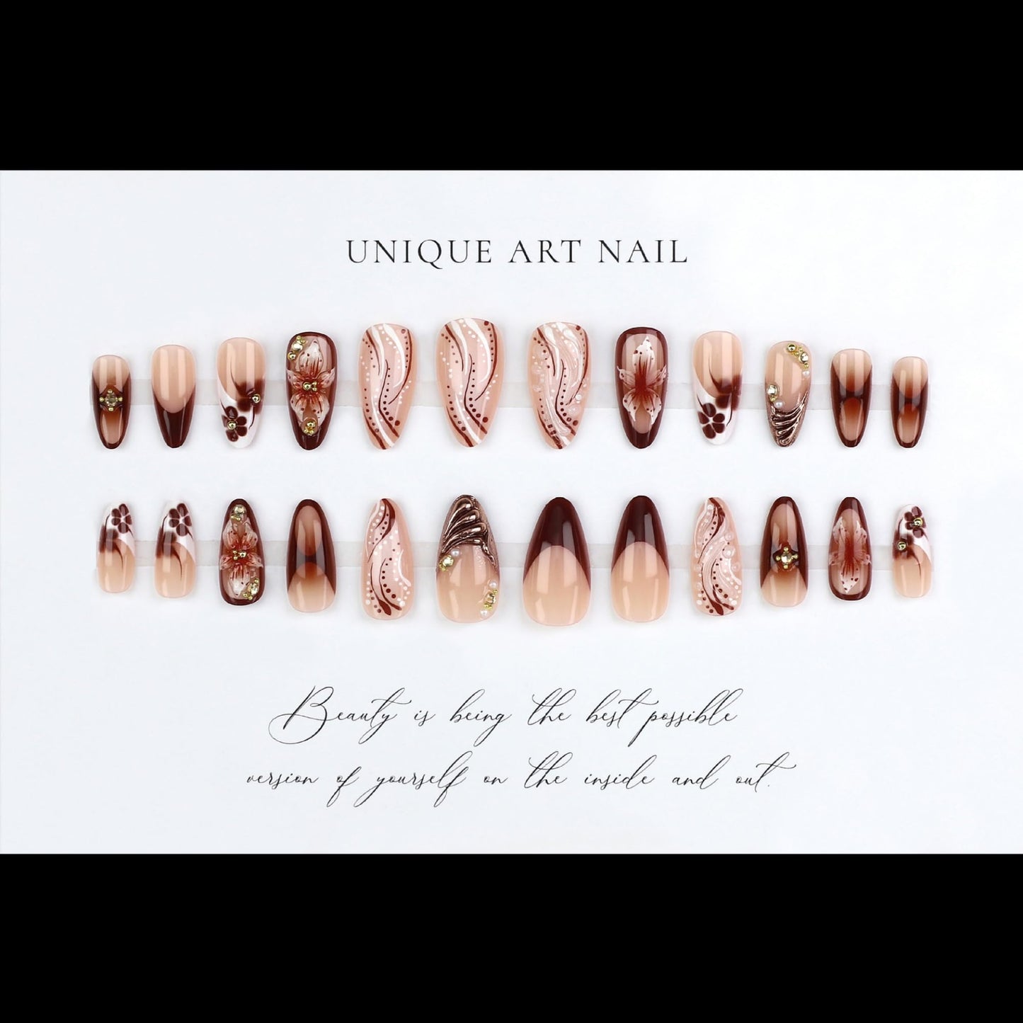 SEENEEY Almond Press on Nails Medium Fake Nails Brown Artificial Nail Floral Stick on Nail for Women 24pcs
