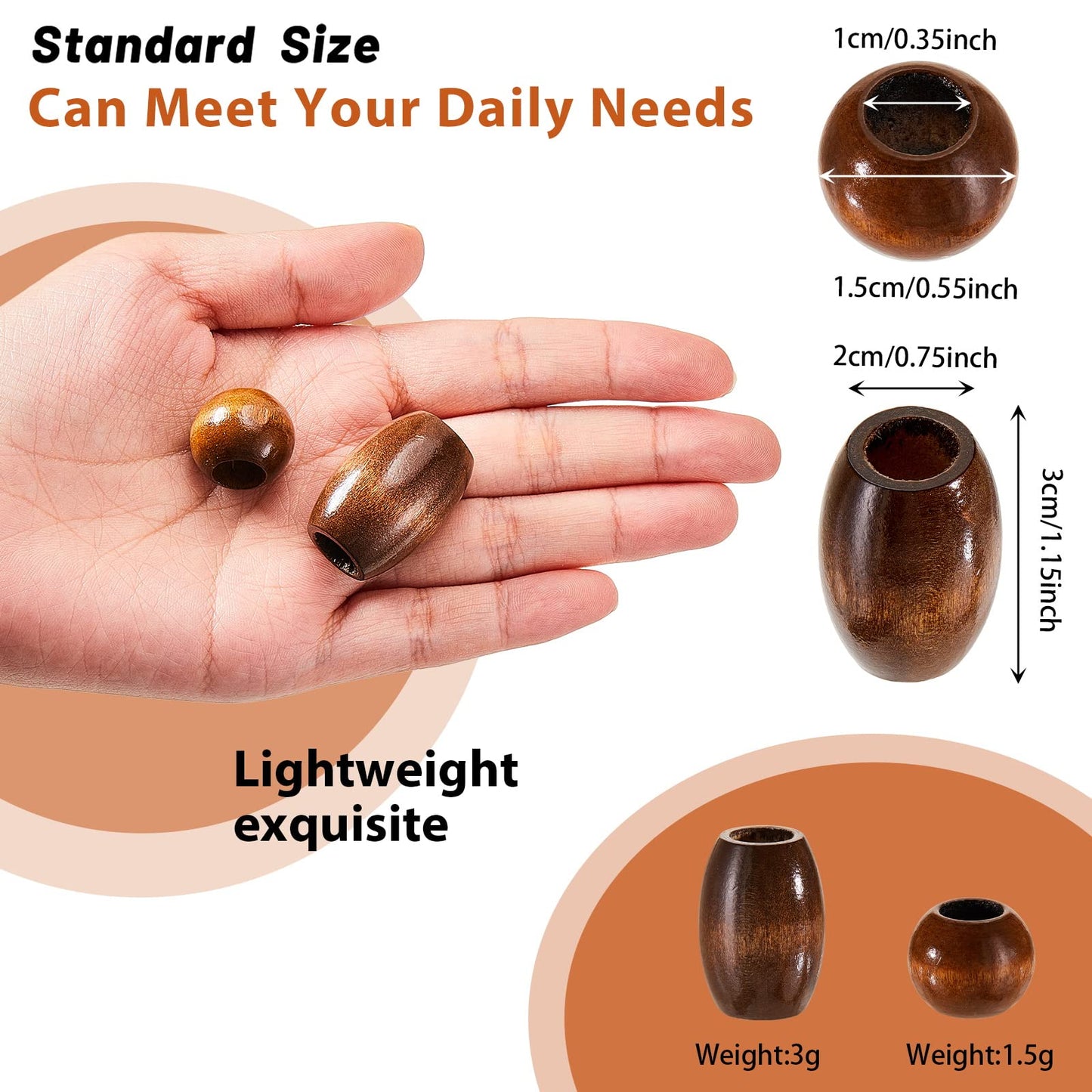WILLBOND 130 Pieces Macrame Wooden Beads 10mm Hole Loose Beads with Hole for Macrame Making Kits Supplies Jewelry Bracelet Making Hair DIY Craft Handmade Decor(Brown, Classic)