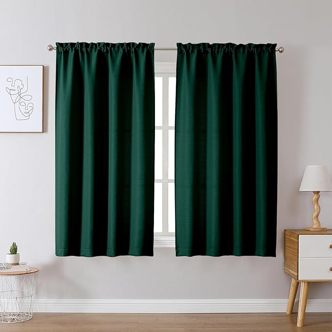 Chyhomenyc Christmas Hunter Green Curtains 54 Inch Length 2 Panels, Faux Linen Textured Light Filtering Soft Airy Rod Pocket Window Treatment Drapes for Living Room Bedroom, 30Wx54L Inch, Set of 2