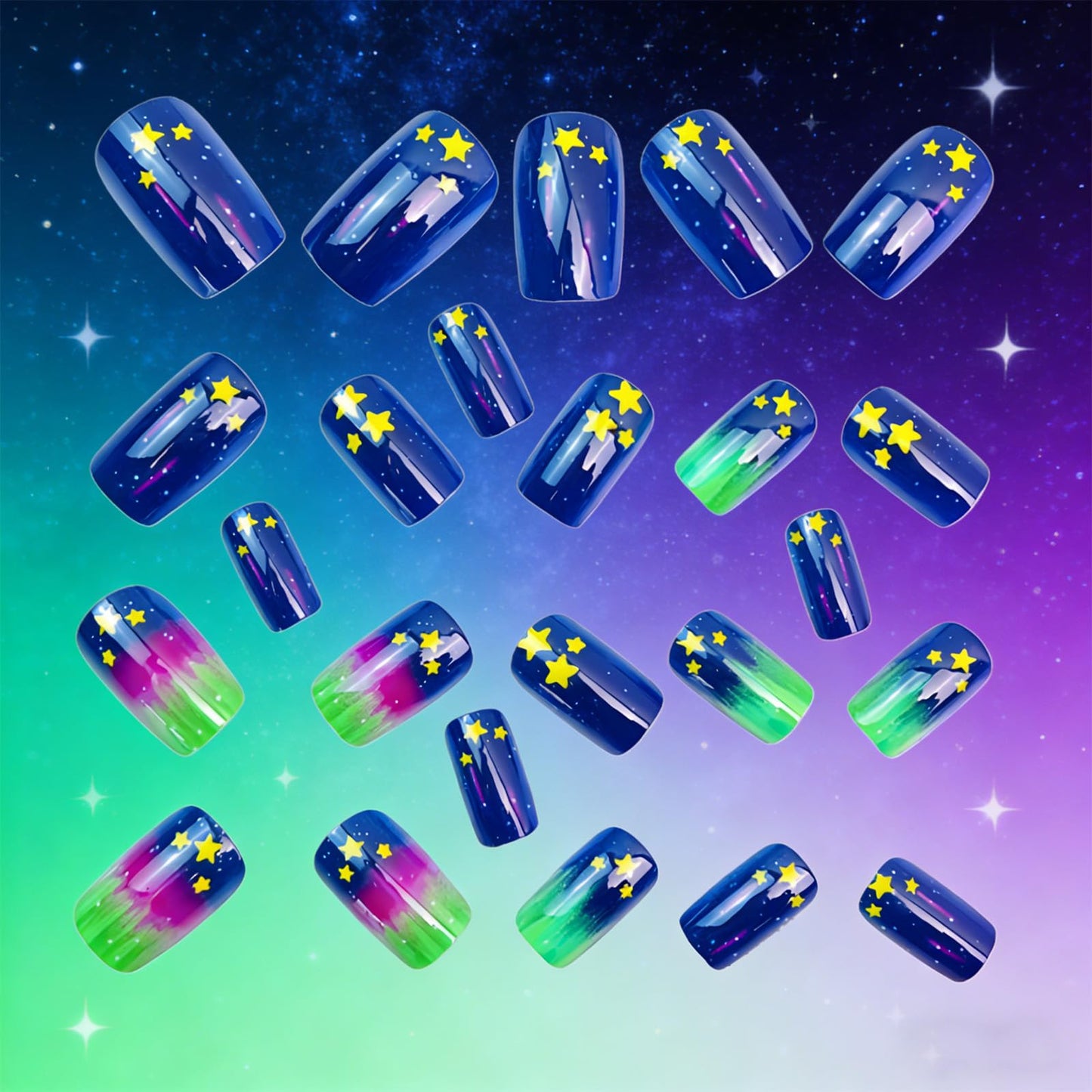 Star Press on Nails Medium Square Fake Nails Gradient Aurora False Nails Press ons with Starry Dots Design Reusable Artificial Nail Full Cover Glossy Stick on Nails for Women Manicure 24Pcs