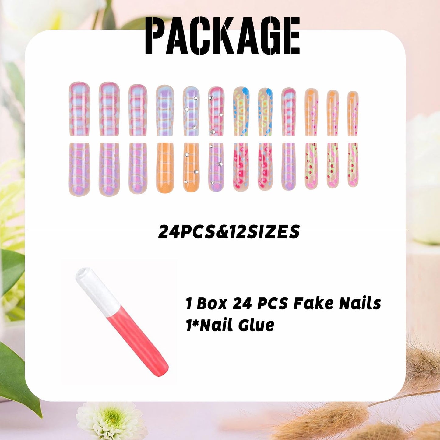IMSOHOT Press on Nails Long Square Fake Nails Colorful Crocodile Print False Nails with Rhinestone Design Glossy Full Cover Artificial Acrylic Stick on Nails Nail Art