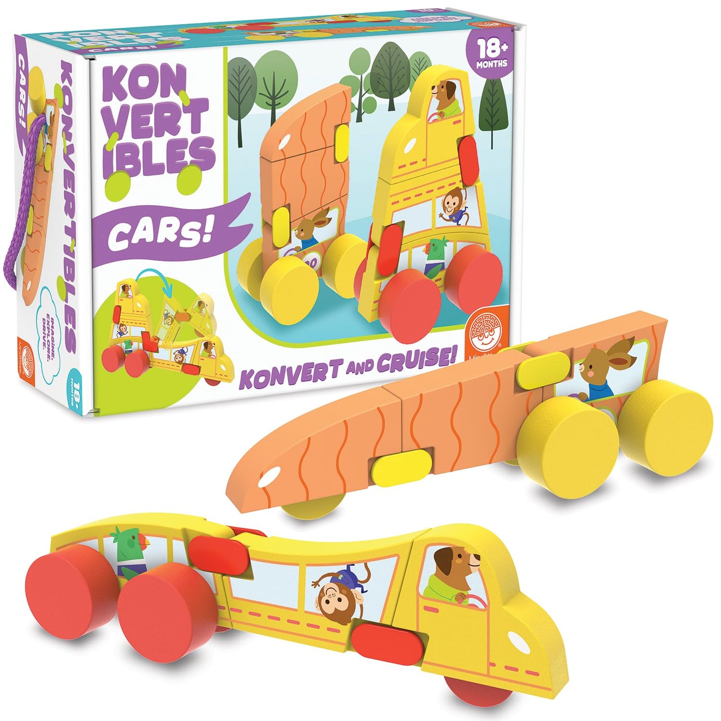 MindWare Konvertibles Transforming Wooden Cars – 2‑Piece Flip‑&‑Change Vehicle Set with Carry‑Along Box That Becomes 3‑D Road Scene, Toddler Toy for Ages 18 Months +