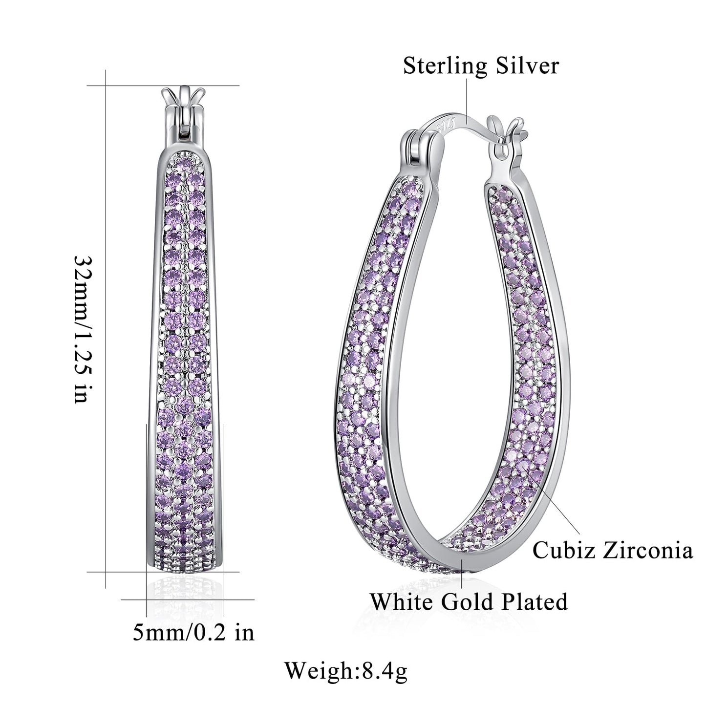 CiNily 925 Sterling Silver Post Hoop Earrings for Women Light Purple Cubic Zircon Hoop Earrings 14K White Gold Plated Oval Chunky Gemstone Hoop Earrings Jewelry