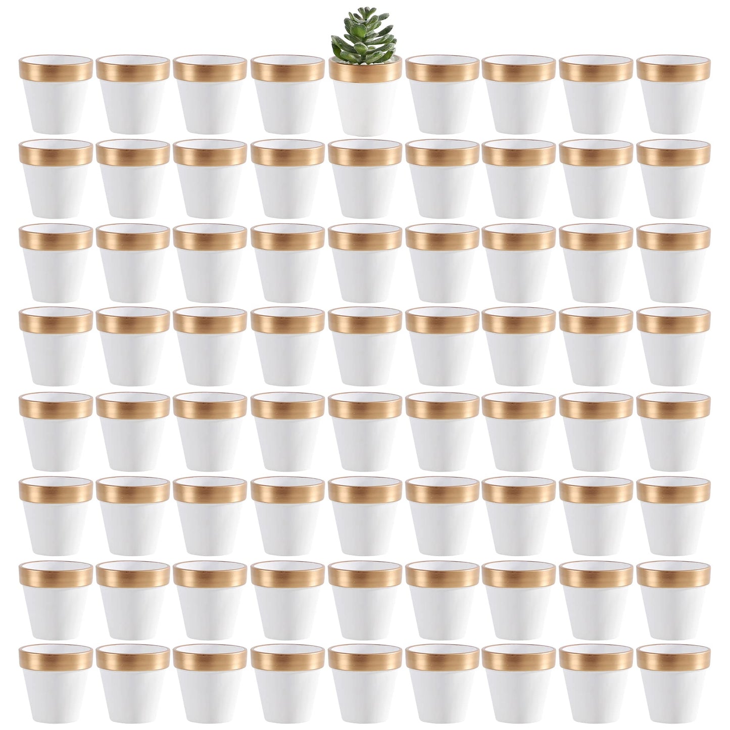 Yishang 72 pcs Small Mini White&Gold Clay Pots, 2.5'' Terracotta Pot Clay Ceramic Pottery Planter,Cactus Flower Terra Cotta Pots,Succulents Nursery Pots,with Drainage Hole,for Crafts,Wedding Favor