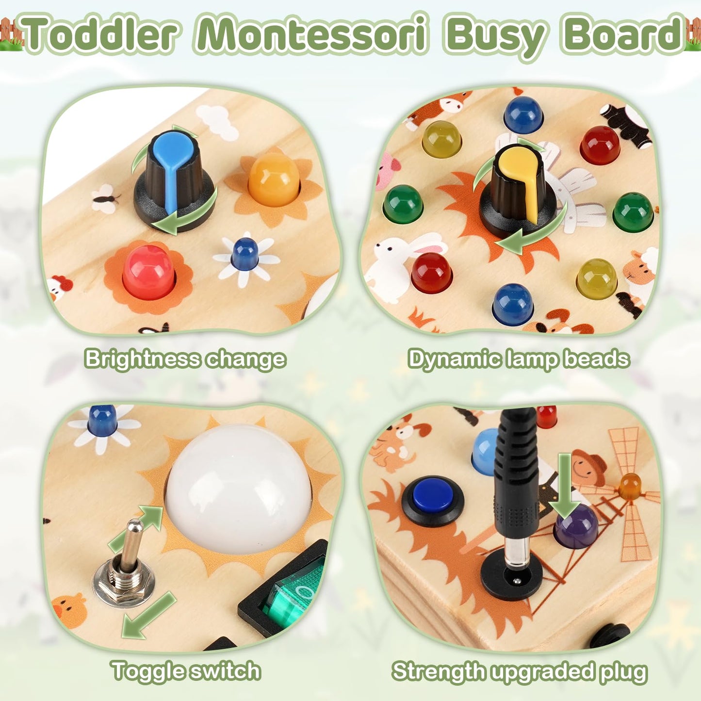 LED Busy Board for Toddlers 1-3,Montessori Toy with Key Switch, Light Up Wood Activity Sensory Board for Fine Motor Skills, Educational Travel Toy Gift for 1 2 3 Year Old Boys Girl