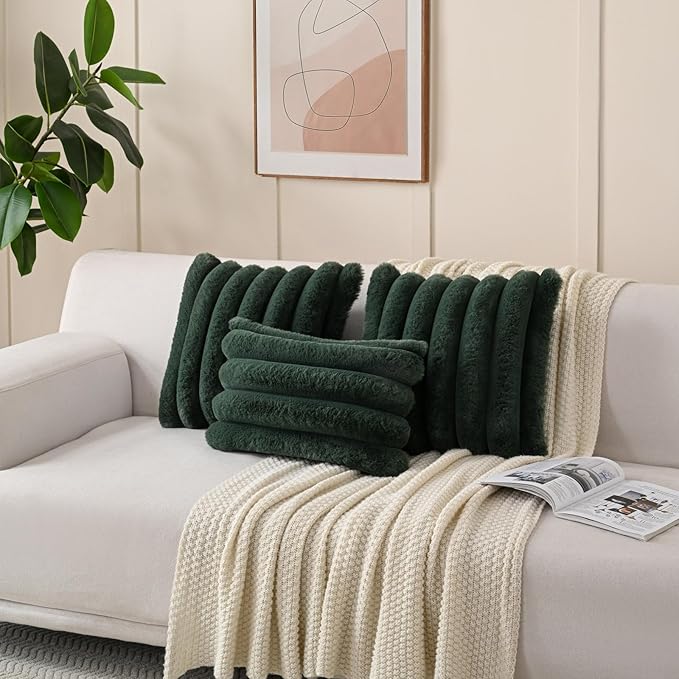 FUTEI Christmas Dark Green Decorative Throw Pillow Covers 16x16 Inch Set of 2, Square Soft Faux Rabbit Fur Thick Striped Cushion Cover,Winter Home Decor for Couch Bed Living Room