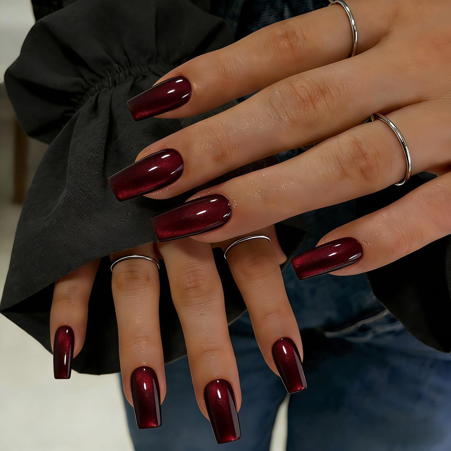 SXVME Cat Eye Press On Nails Long Square - Chrome Dark Red Press on Nails with Glue for Women, Shimmer Glitter Fake Nails Press ons, Glossy Gel Glue on Nails Coffin, Reusable Nail Stick Ons, 30 Pcs