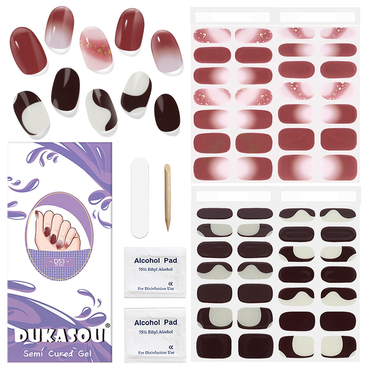 DUKASOU Semi Cured Gel Nail Strips Set, 56Pcs Nail Art Stickers/Wraps, Long Lasting UV Nail Polish Strips for Adults(Brown+Red)