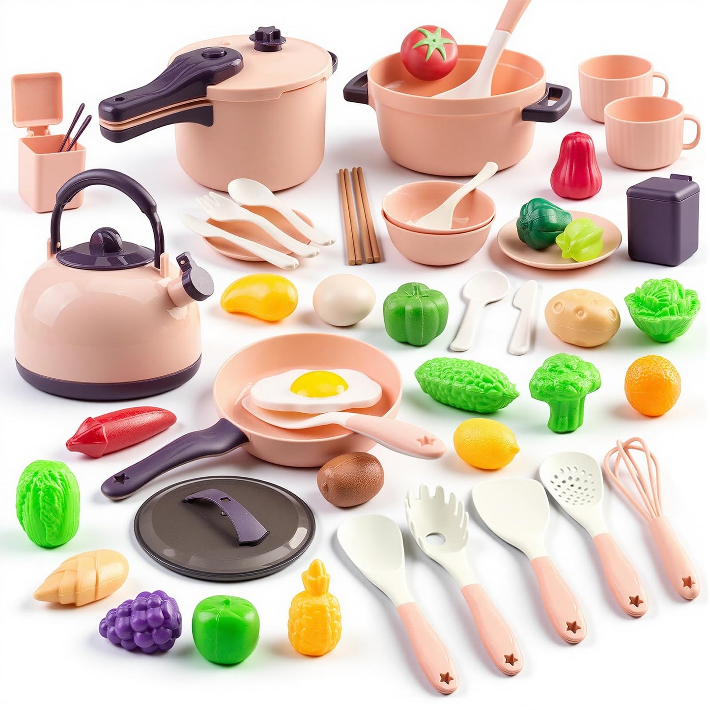 56Pcs Mini Play Kitchen Accessories for Kids, Pretend Cooking Playset with Cookware, Tableware & 2 Fruit Sets, Learning Gift for Girls, Boys, Toddlers, Pink