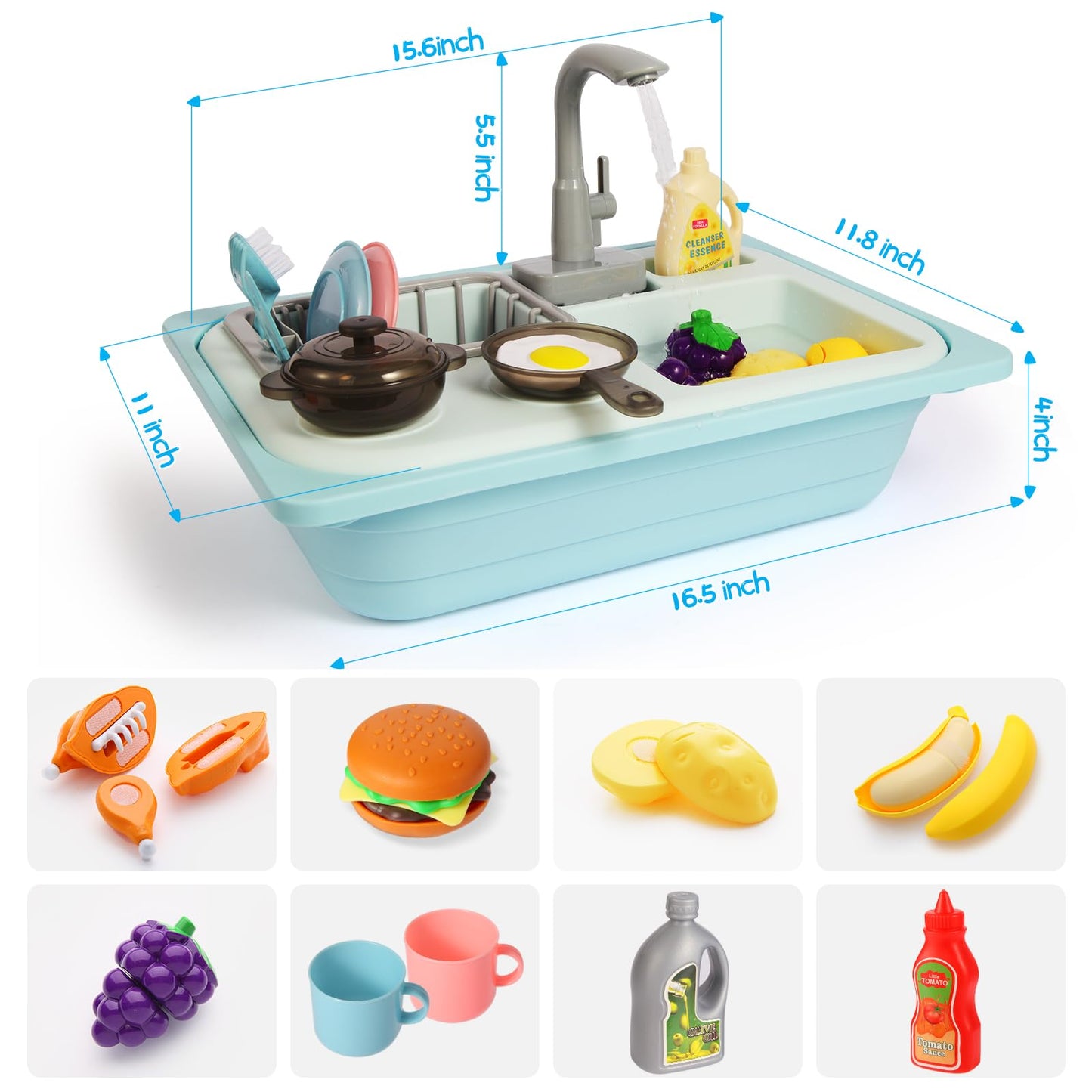 Asweets Color Changing Kitchen Sink Toys, Toddler Sink Toys with Running Water, Pretend Play Toys with Upgraded Faucet, Automatic Water Cycle System (Blue)