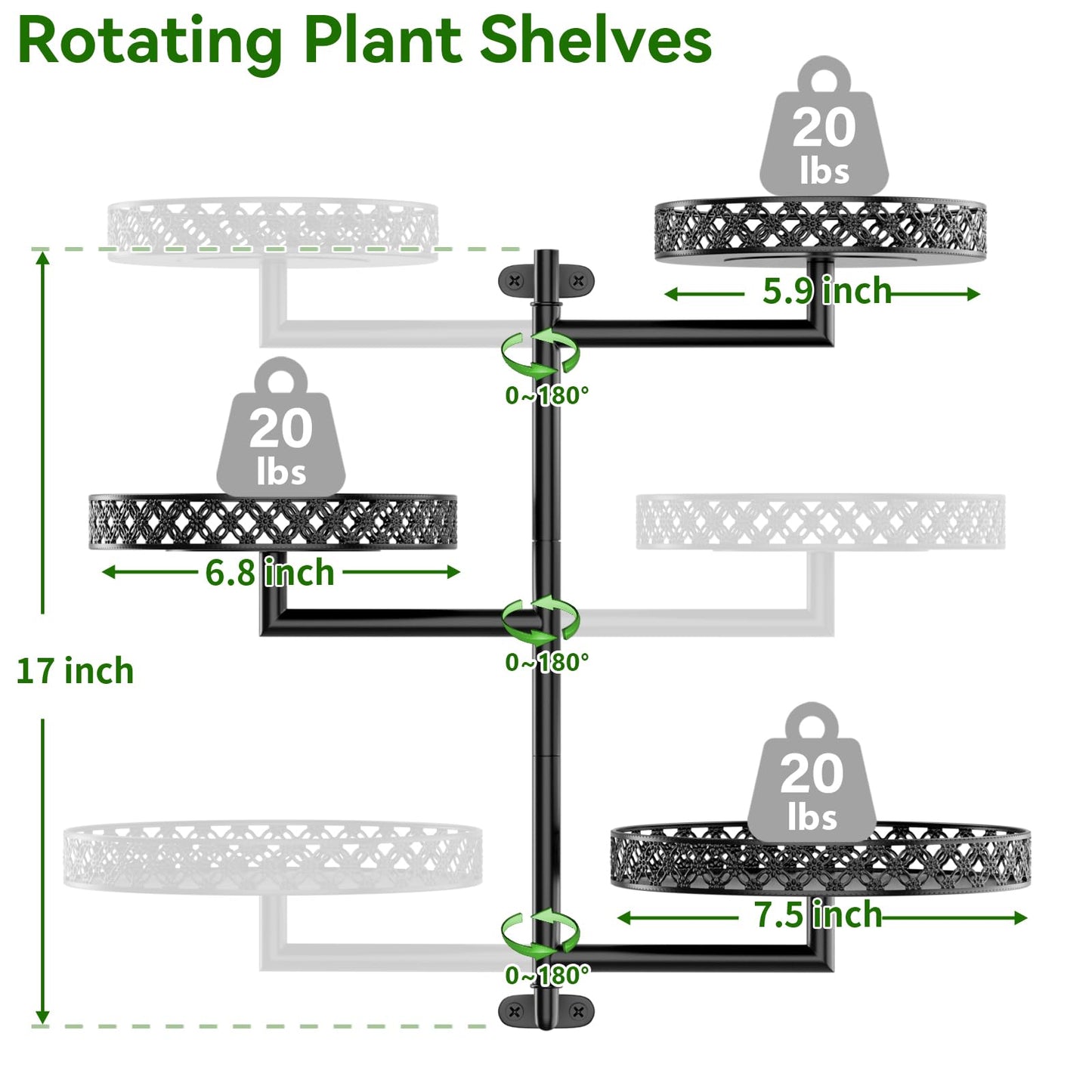 OVICAR Rotating Window Plant Shelves - Indoor Wall Plant Stand 3-Tier Floral Metal Window Shelf Holder for Multiple Plants with Hanging Hooks Home Decor Black
