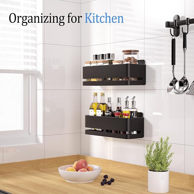 Shower Shelf, 2-Pack, Heavy-Duty Bathroom Storage Shelf, Large Capacity No-Drill Bathroom Organizer, Black Metal Storage Basket, Adhesive Installation