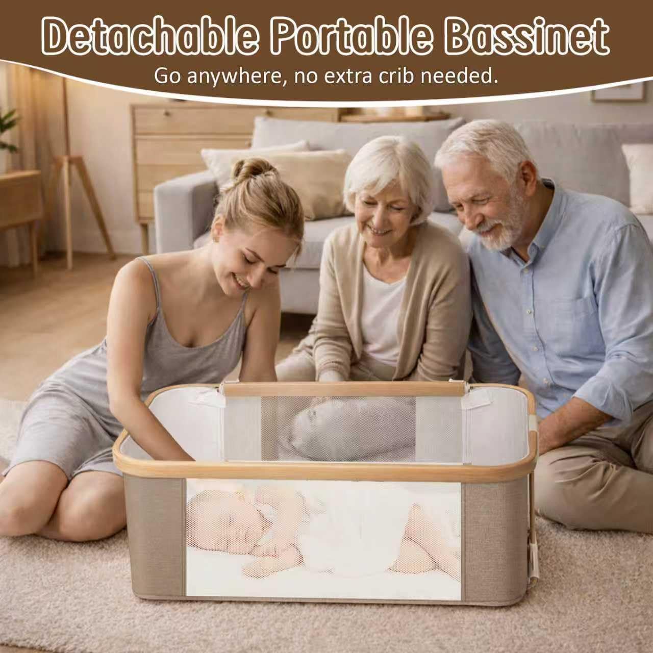 Mariserenity Rocking Baby Bassinet Bedside Sleeper, Detachable Portable Bassinet & Adjustable Crib with 8 Heights, Breathable Mesh, Storage Basket & Mobile Toy for Newborns to Toddlers(Oatmeal)