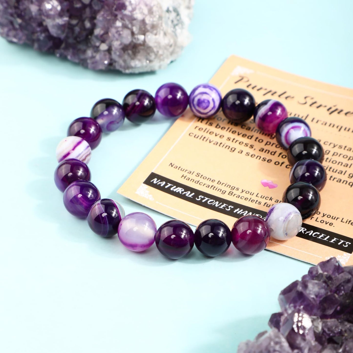 AD Beads 6mm Handmade Purple Stripe Agate Elastic Bracelet – Natural Gemstone for Peace and Tranquility – Meditation, Yoga, Healing and Energy Gift for Men Women