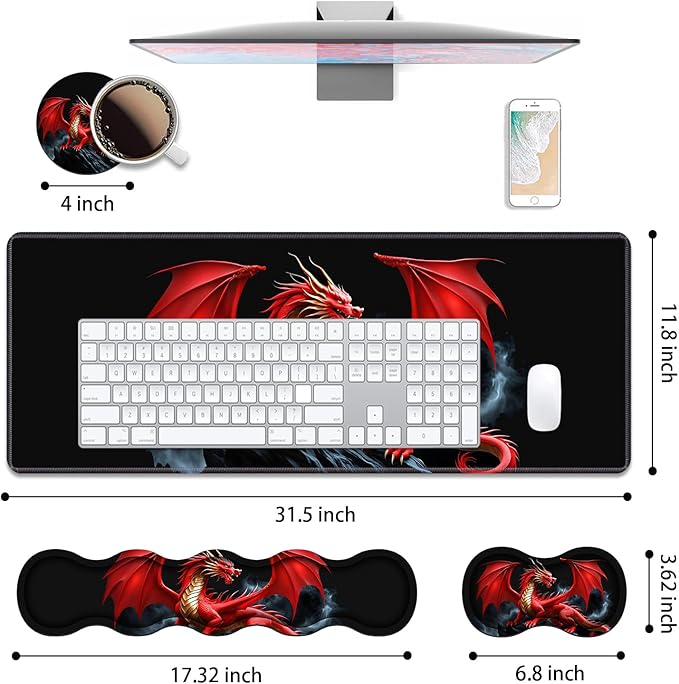 4 in 1 Ergonomic Keyboard Wrist Rest & Mouse Pad Wrist Rest Set, Large XXL Gaming Desk Mat 31.5"x 11.8" with Non-Slip Base, Memory Foam for Home Office Study Gaming, Red Dragon