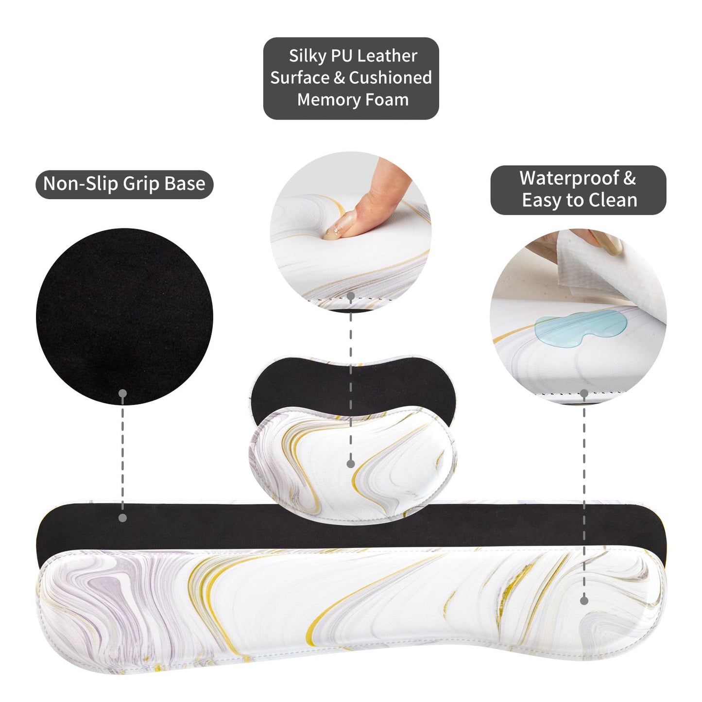 QiyI Leather Desk Mat Set, 4-in-1 Large Mouse Pad with Wrist Rest, Non-Slip Desk Pad + Keyboard Wrist Rest + Mouse Wrist Support + Coaster, Office Desk Accessories Home Decor Supplies, White Marble