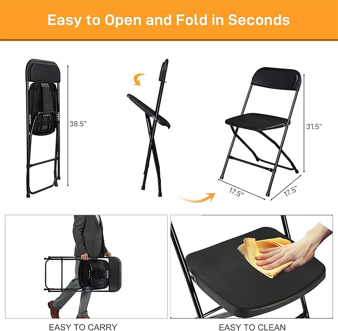 6 Pack Black Plastic Folding Chairs, Portable Party Chairs, Stackable Commercial Seats with Steel Frame for Home Office Wedding Party Indoor Outdoor Events Chairs, 350lbs Capacity