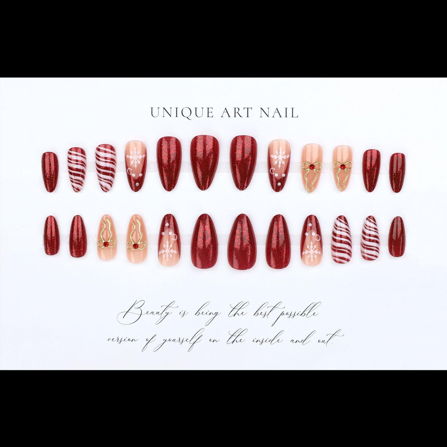 plalely Almond Press on Nails Long Christmas Fake Nails Embossed Bow Stick on Nail Tips for Women 24pcs
