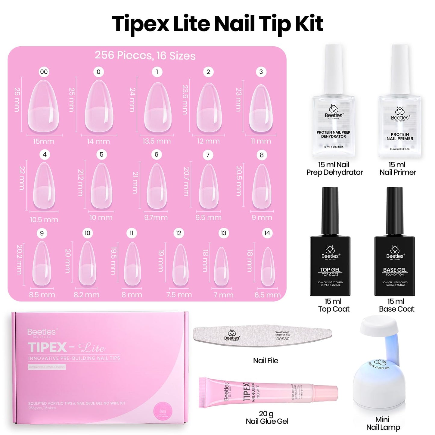 Beetles Tipex Lite Nail Tips Kit with Dehydrator & Primer, Medium Almond Full Cover Clear Nails 256PCS 16 Sizes, Mini UV Lamp, 20g Solid Nail Glue, Base & Top Coat, All-in-One Nail Starter Kit