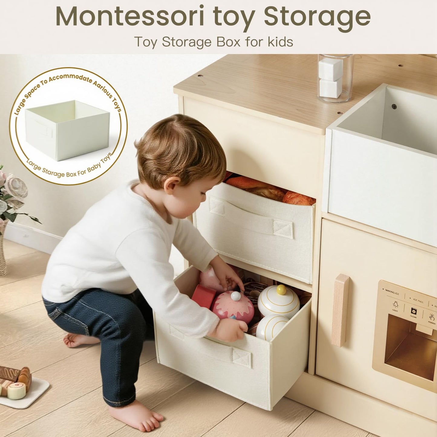 labebe Play Kitchen for Kids Indoor Pretend Play, Wood Toy Set with 2 Storage Boxes, Stove, Sink, Ice Maker, Pots and Pans, Kitchen Set for Cooking Play