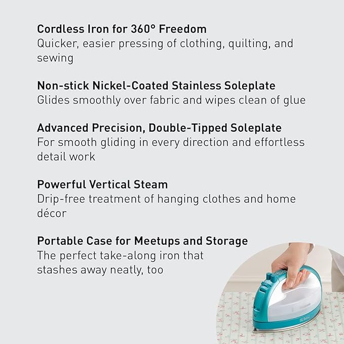 Panasonic Cordless Iron, Portable 360-Degree Freestyle Dry/Steam Iron with Precision Tips and Stainless Steel Soleplate, Anti-Calc and Anti-Drip, Power Base and Carrying/Storage - NI-QL1000G (Teal)