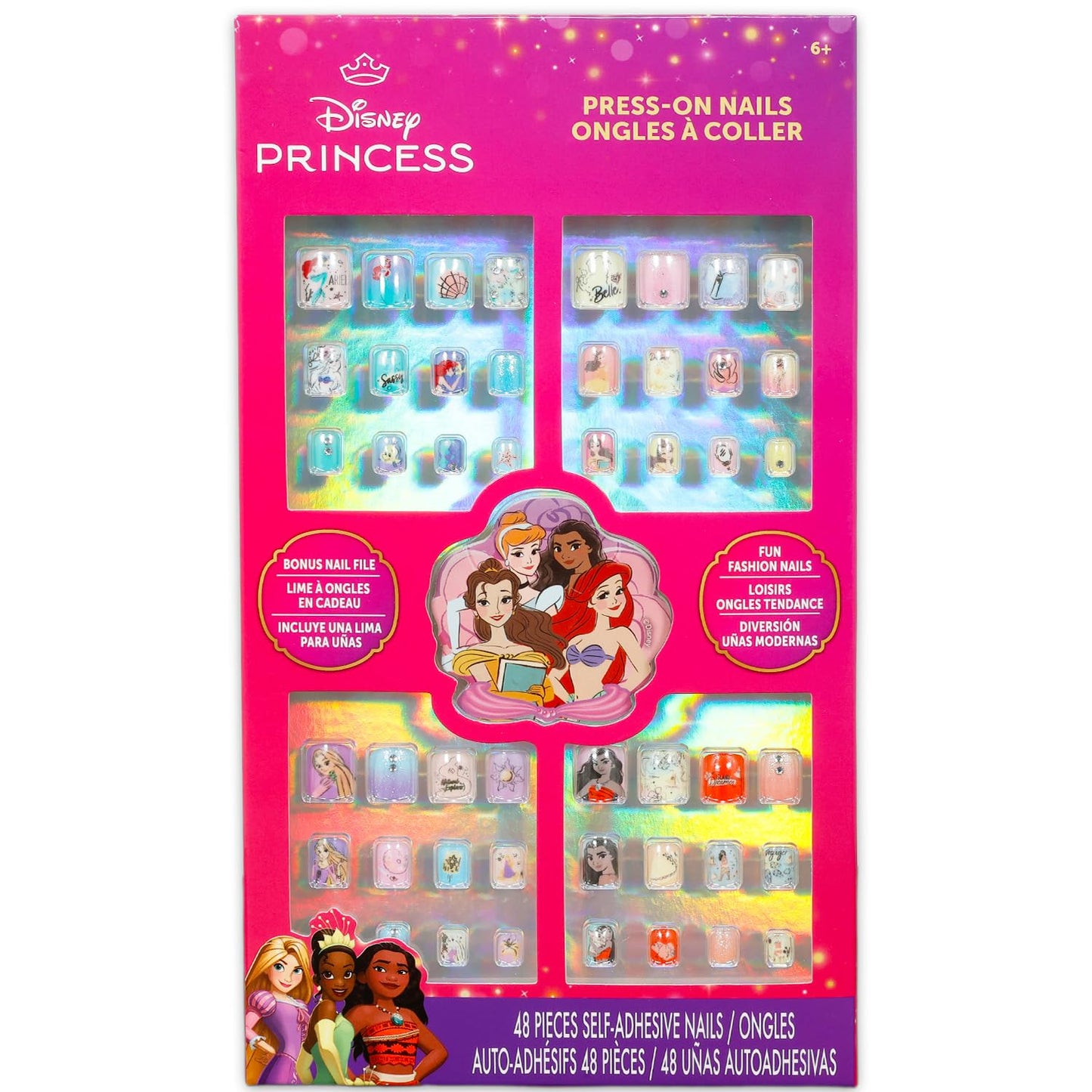 Disney Princess Press-On Nails for Kids - Bundle with 48 Stick-On Nails Featuring Ariel, Moana, Belle, Rapunzel Plus Stickers, More | Disney Princess Manicure Kit for Girls