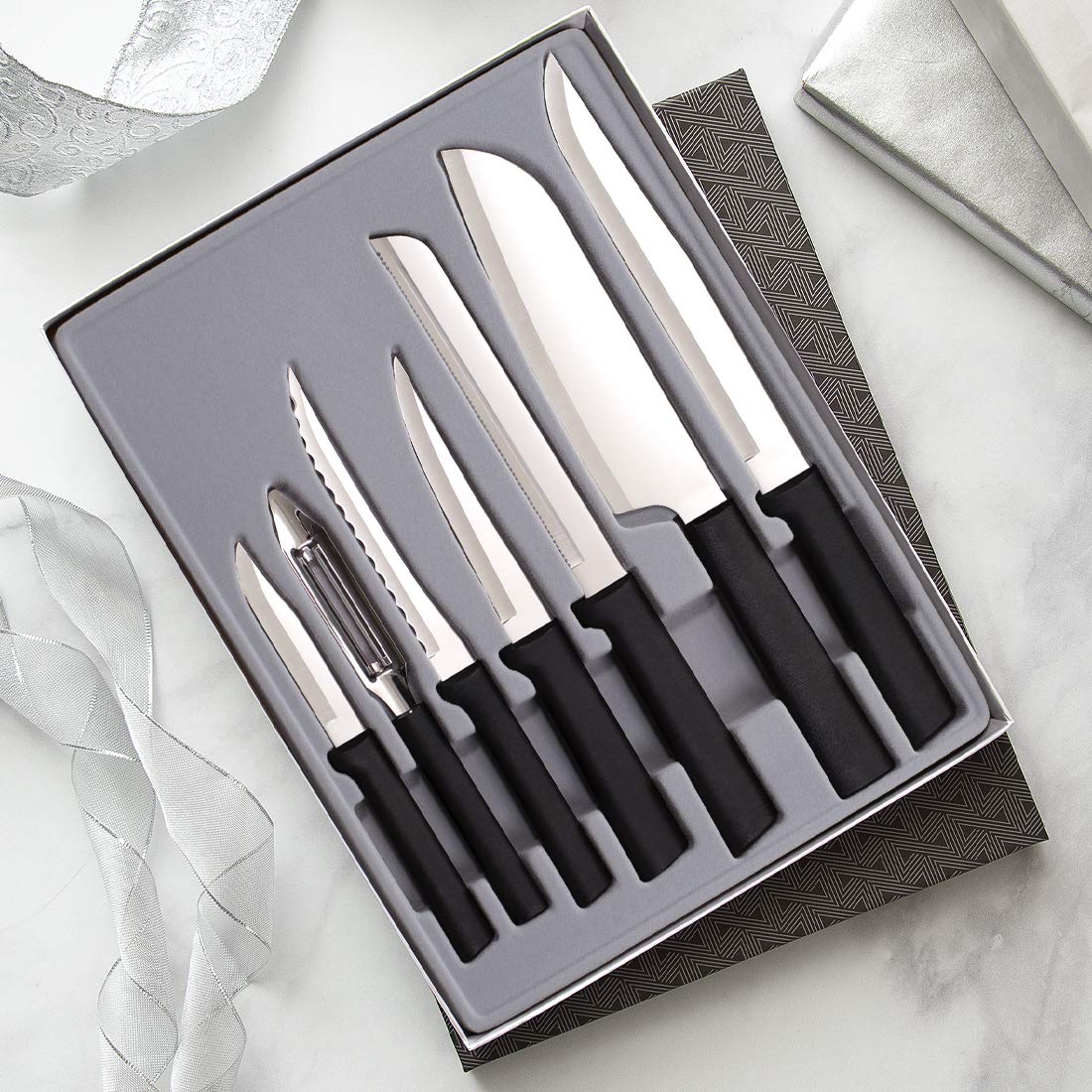 Rada Cutlery The Starter Gift Set (G238), 7-piece Knife Set with Quick Edge Sharpener (R119), Stainless Steel Blades, Black Handle