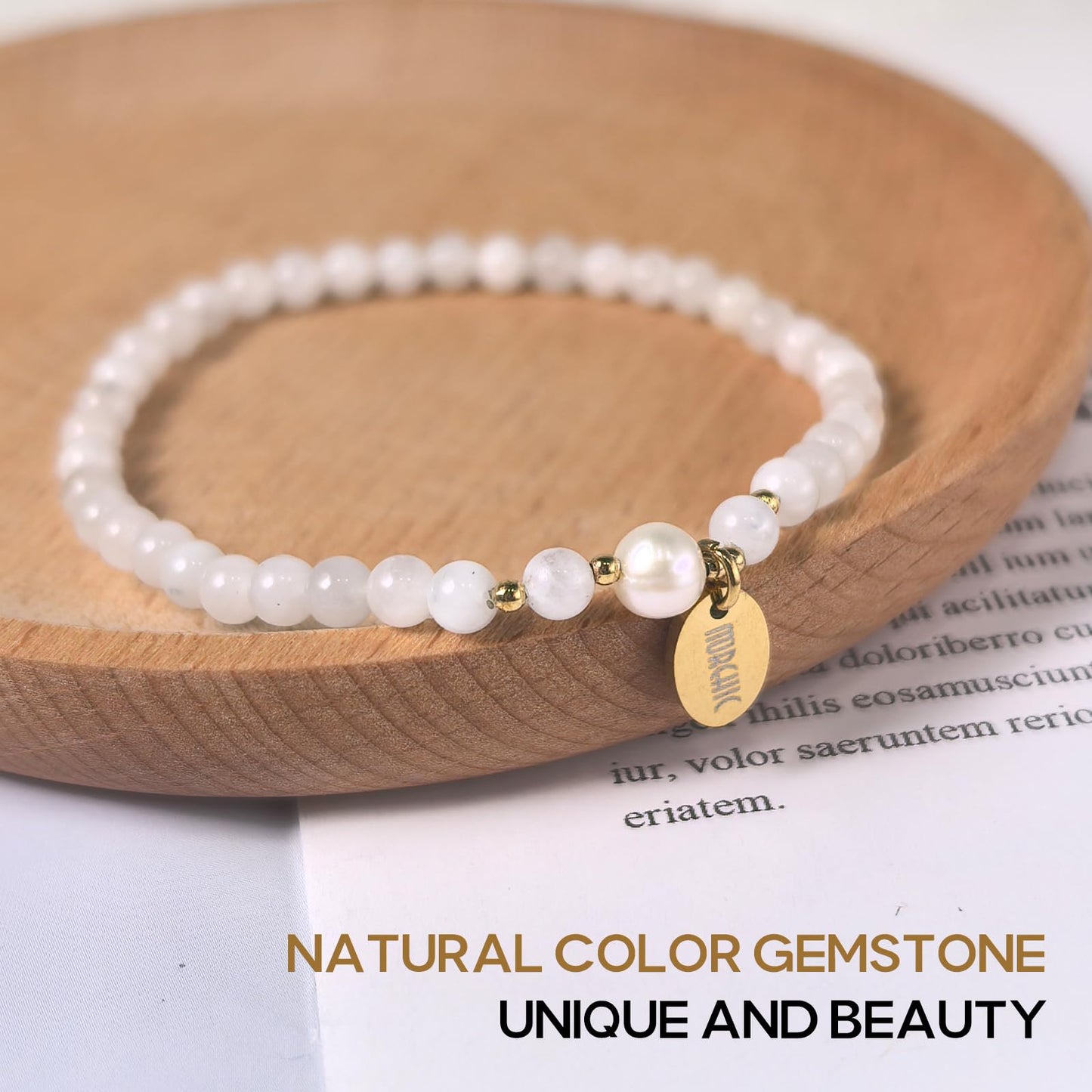 Morchic 4mm Natural Moonstone Gemstone Beads Stretch Bracelet for Women, With Freshwater Pearls, Energy Gem Birthday Gift for Her 7.2”