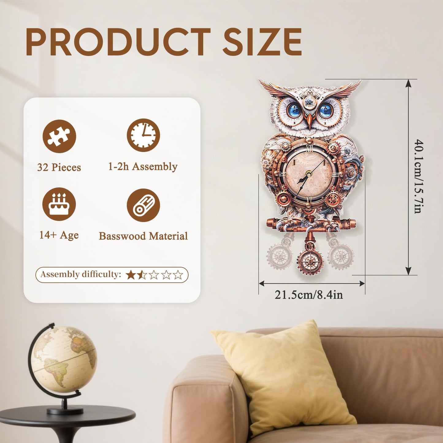 Cutywood 3D Puzzles for Adults Clock-Mechanical Owl Design Model Kit-Mechanical DIY Pendulum Clock with Roman Numerals-Desk Home Office Decor Personalized Gift for DIY Lovers