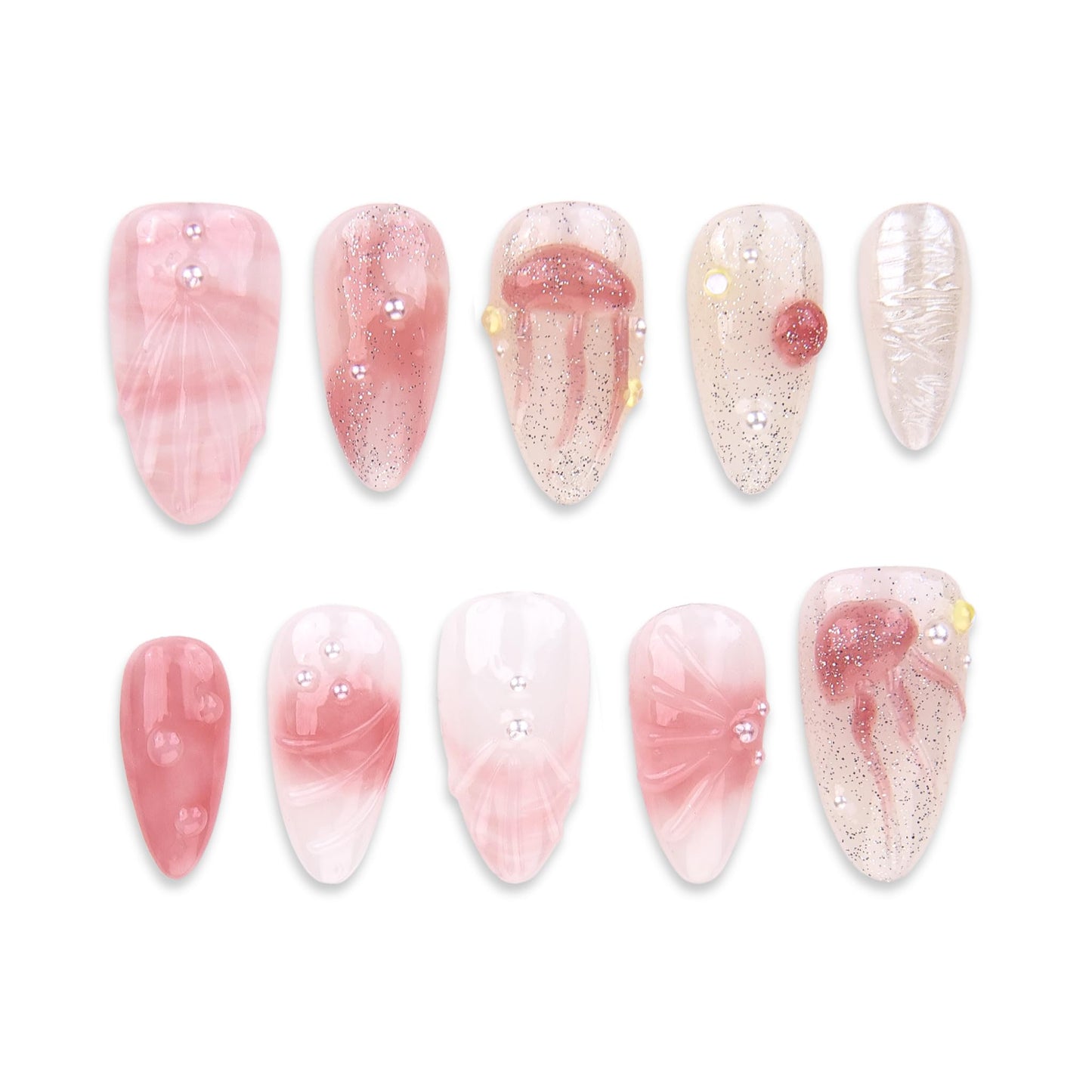 SIYOU Beauty | Seashell Pearl | Pink and White Pearl Short Almond Press On Nails for Women (Large) - Reusable, Salon-Quality Fake Nails (10pc)