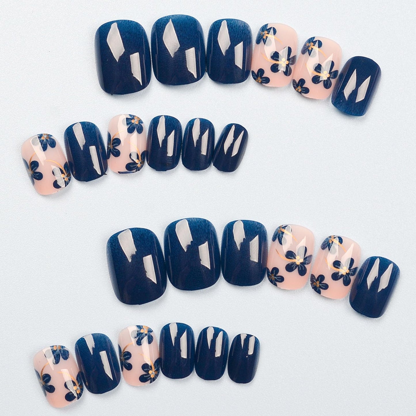 Square Press on Nails Short Fake Nails with Flower Designs Nails Press ons Dark Blue Glue on Nails Glossy False Nails Spring Summer Stick on Nails for Women 24Pcs