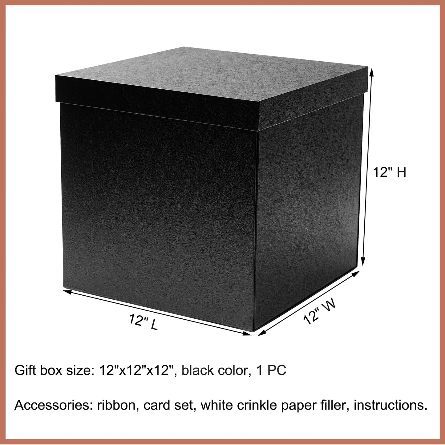 Mefleet Large Gift Box with Lid for Presents 12x12x12 Inches Extra Big Deep Square Black Boxes 1 Pack for Christmas, Birthday, Valentine's Day, Mother's Day - Contains Crinkle Paper, Ribbon and Card