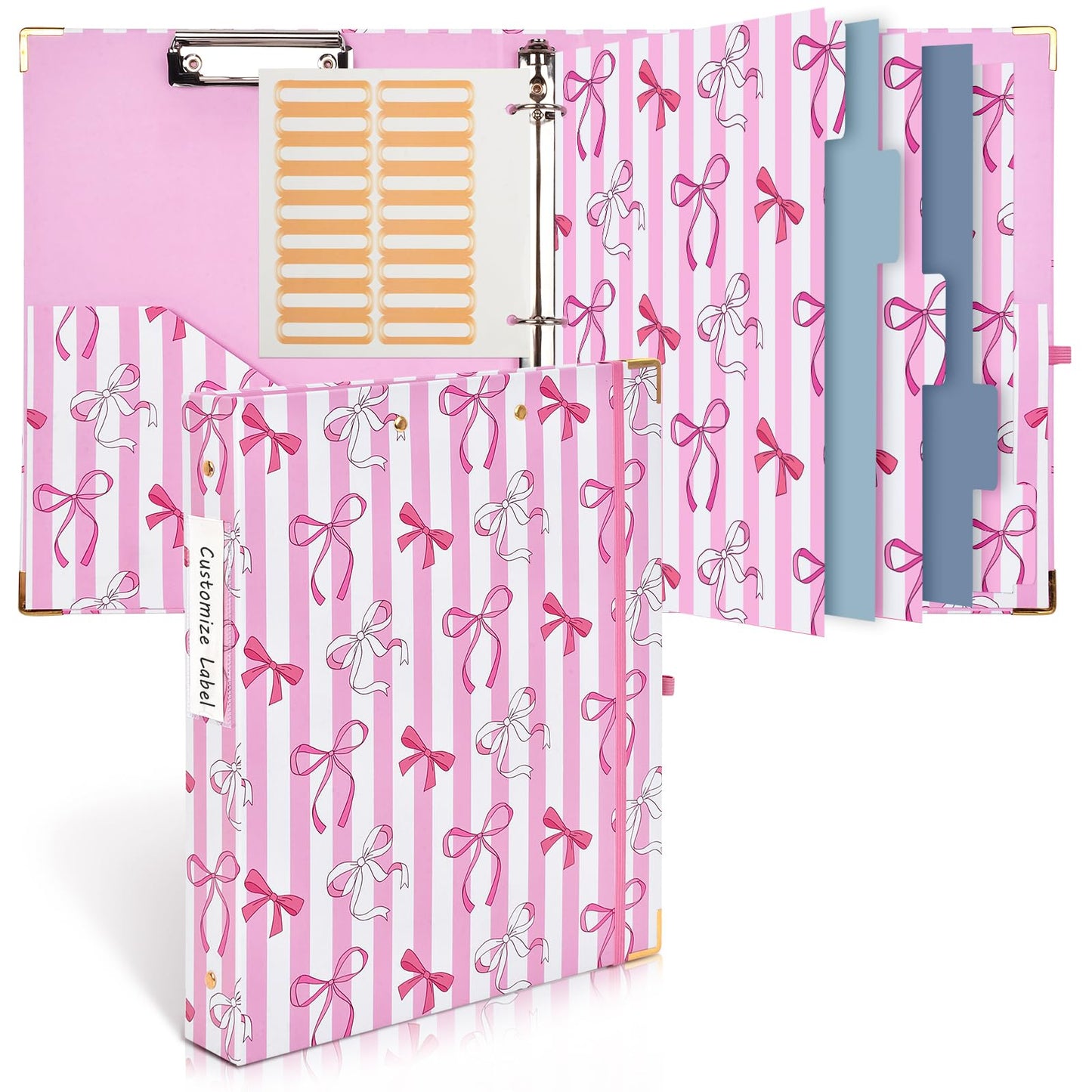 1 Inch 3 Ring Binder with Clipboard, Cute Binder Pink Bow Design, Holds 200 Sheets A4 Letter, Inside Pockets & 5 Tab Dividers, Pretty Classic Pink Binder for School Office Supplies(Pink Striped Bow)