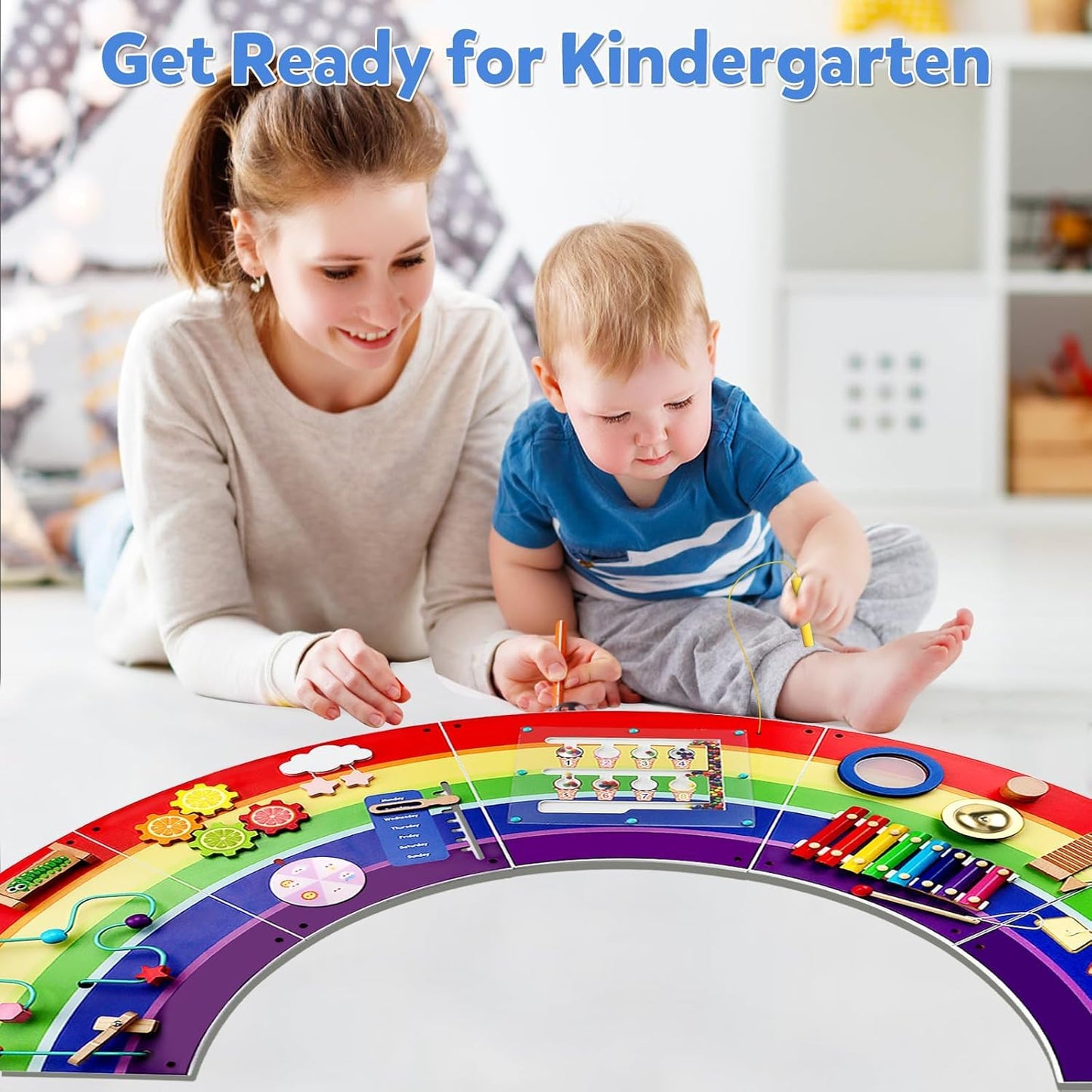 Sinpedex Rainbow Wall Busy Board for Kids: Wooden Montessori Activity Panel | 13-in-1 Sensory Learning Toys for Fine Motor Skills - Playroom & Nursery Essentials for Toddlers