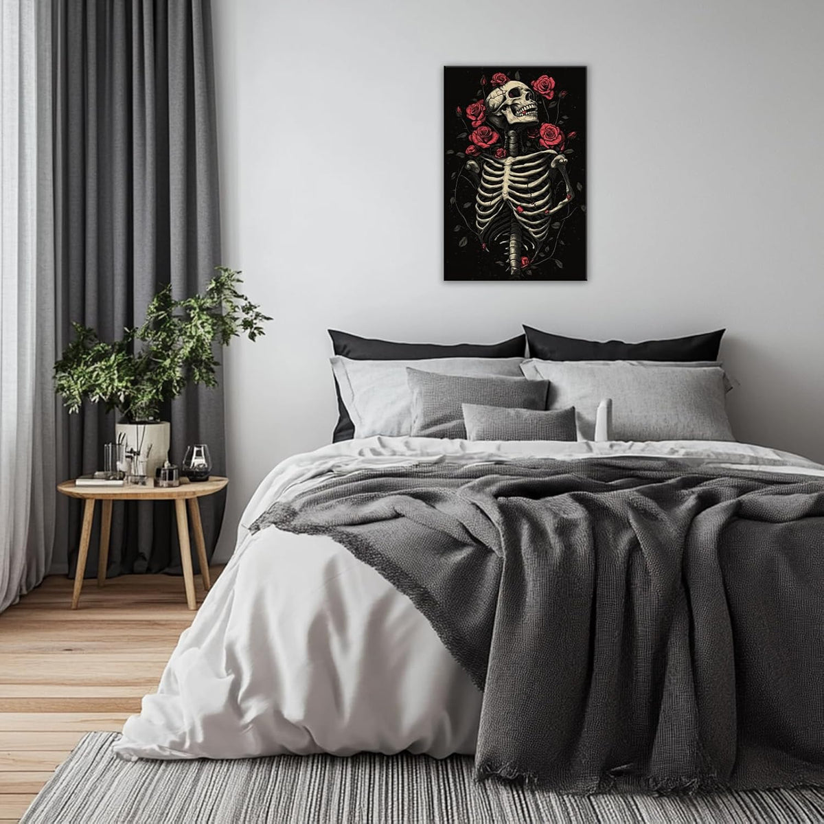 OAAPITI Gothic Skull Wall Art Skeleton and Roses Canvas Pictures Print Vibrant Dark Art Decor for Bedroom Living Room Bathroom(Artwork-6,16"x24")