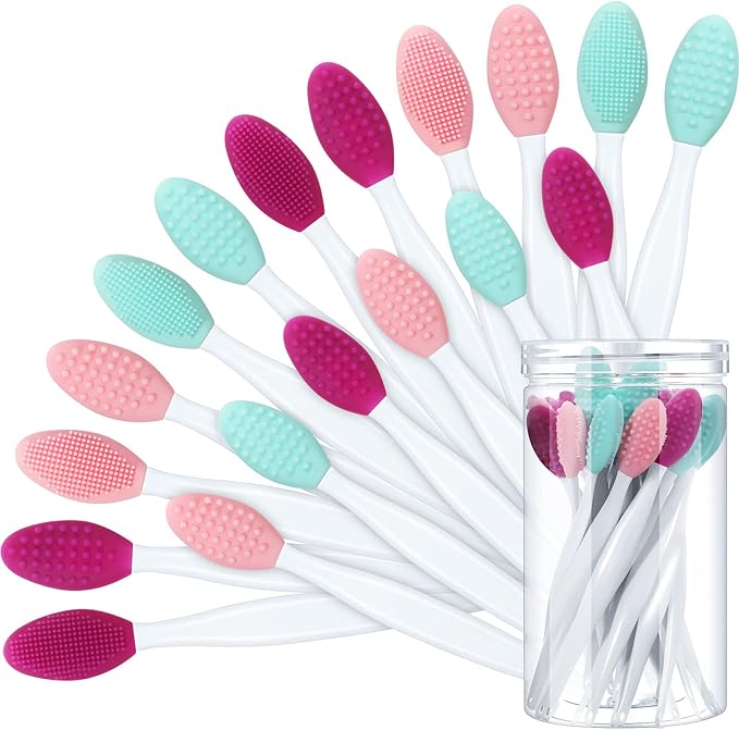 Patelai 24 Pcs Silicone Exfoliating Lip Scrub Brush with Container Double Sided Silicone Lip Scrubber Soft Cleaning Brush for Men Women Lightening for Dark Lips(Pink, Green, Purple)