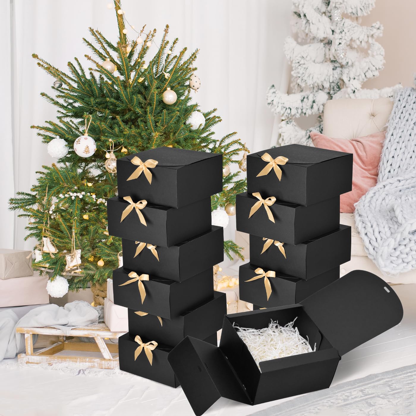 WLUSEAXI 12pack Gift Boxes with Lids,Black Gift Boxes Bulk with Gold Bow Ribbon,Bridesmaid Proposal Box for Presents Kraft Paper Boxes for Wedding,Christmas,Halloween,Baby Shower