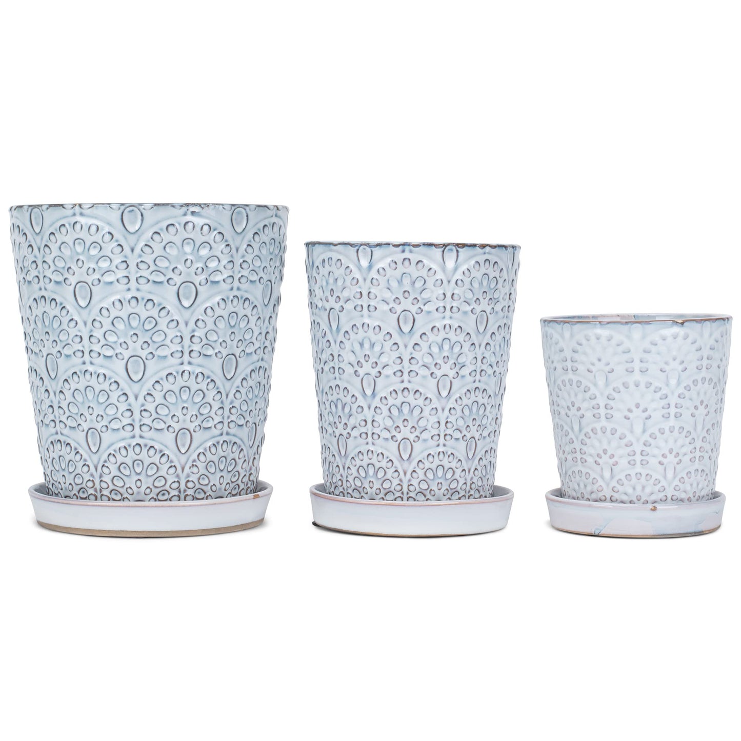 Napco Embossed Scallops White Ceramic Flower Pot Planter with Saucer Set of 3