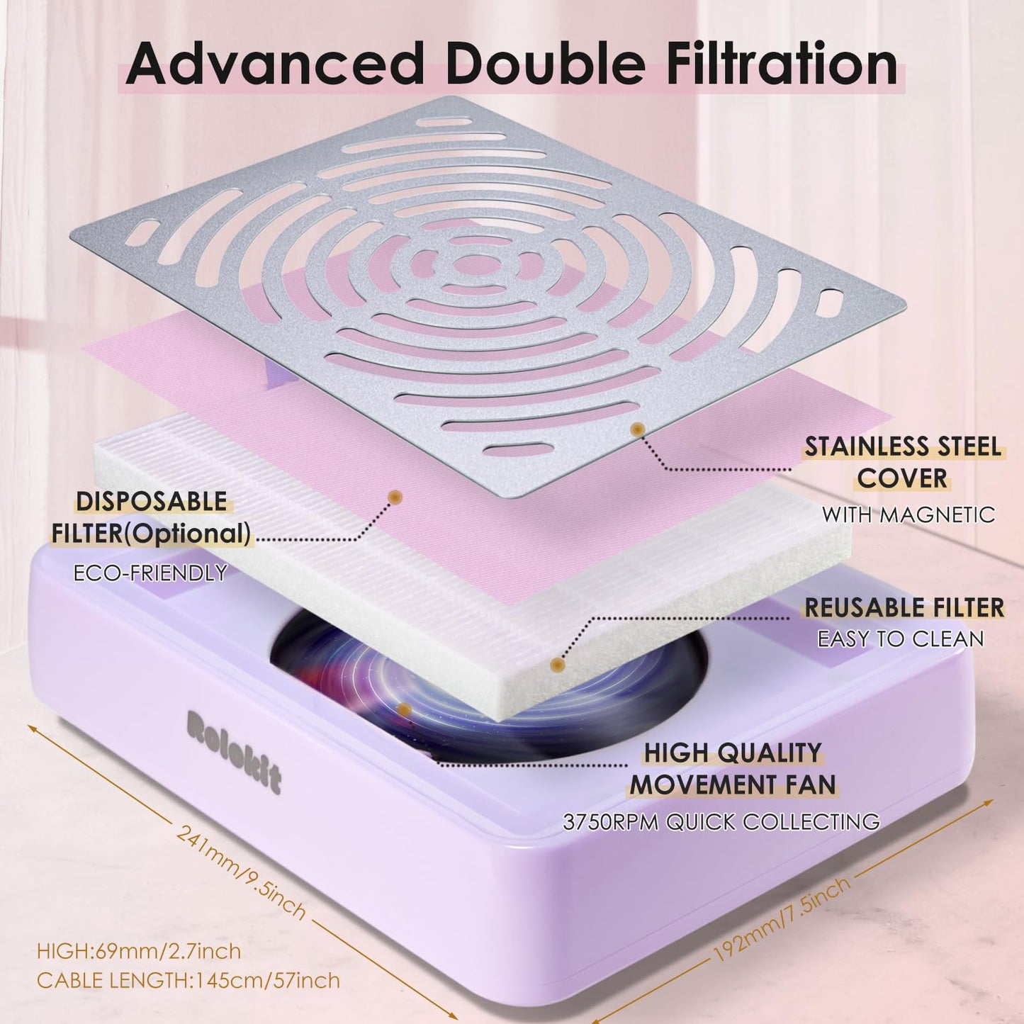 Nail Dust Collector with Lamp&50pcs Disposable Filter&Dusting Brush, Electric Nail Vacuum Cleaner Dust Fan Suction Machine for Manicure Acrylic Gel Nails Polishing, Low Noise, Salon Home