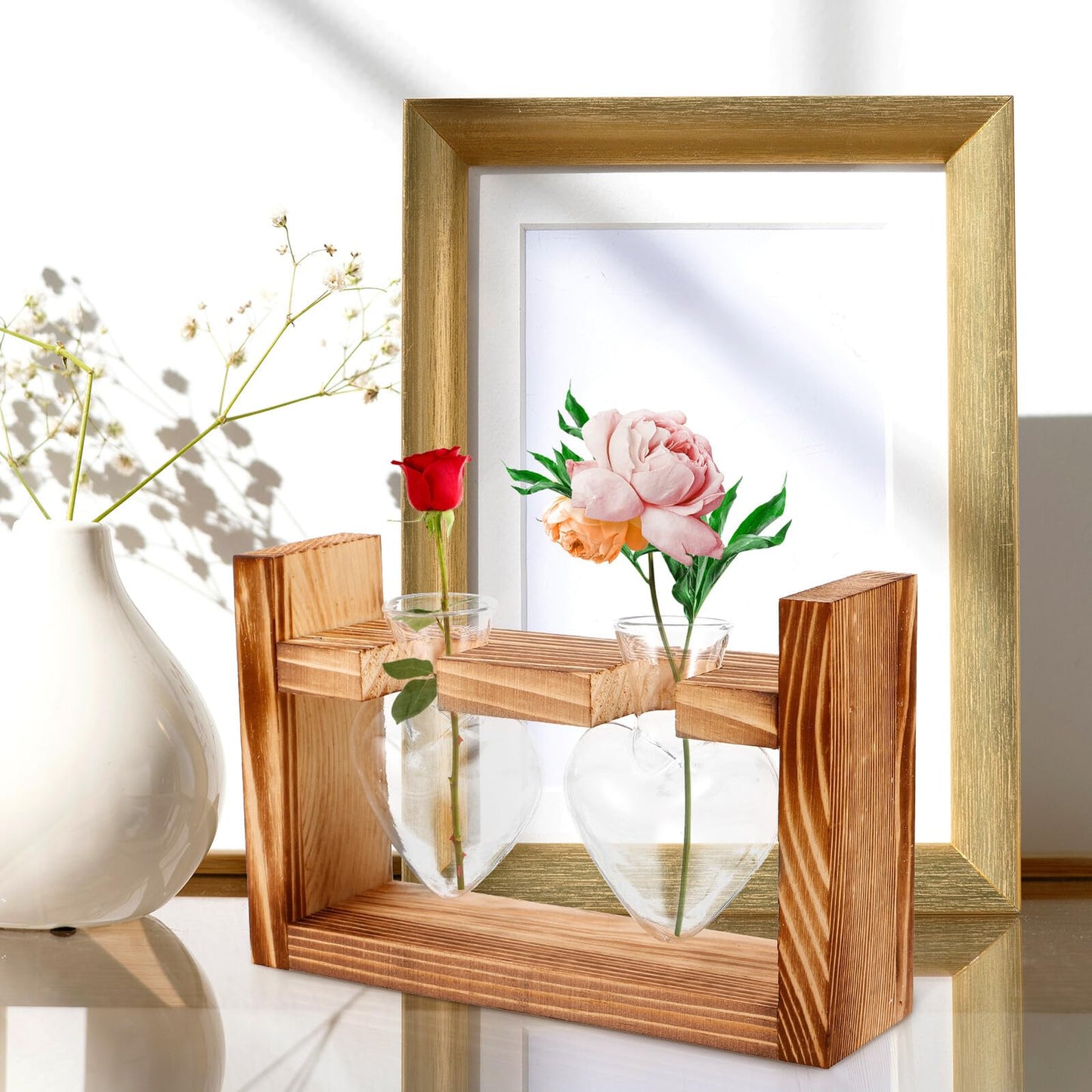 Housoutil Heart-Shaped Glass Planter Vase with Wooden Stand for Hydroponic Plants, Tabletop Terrarium Decor for Indoor Garden and Home Ornament, 2pcs Set