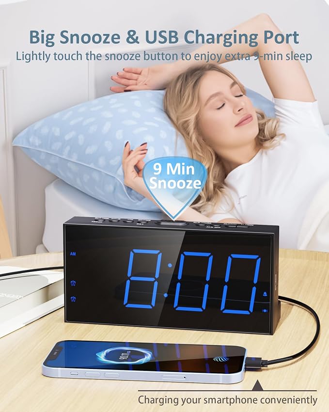 Alarm Clock with Bed Shaker, Vibrating Alarm Clock for Heavy Sleepers | Dual Alarms, 7.5’’ LED Display, Dimmer, USB Charging Port, Memory Function, Plug in Vibrator Clock for Hard of Hearing/Deaf