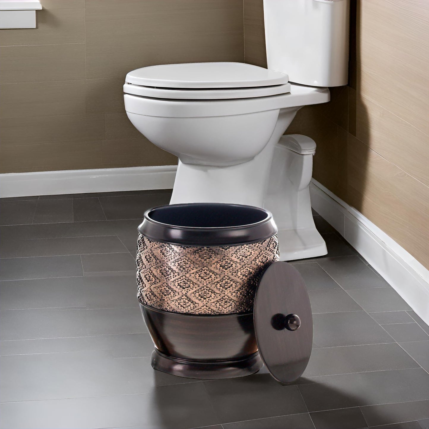 Creative Scents Dublin Brown Small Trash Can with Lid 1.26 Gal / 4.8L - Decorative Oval Waste Basket, Durable Resin Slim Bathroom Covered Garbage Can Wastebasket Bin for Diaper/Paper