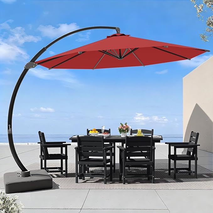 7 Piece Patio Dining Set with 11ft Patio Umbrella (Red), 7 Black Outdoor HDPE Dining Set with 6 Chairs + 1 Large Table with 2" Umbrella Hole, for Market, Pool, Garden, Backyard, Deck