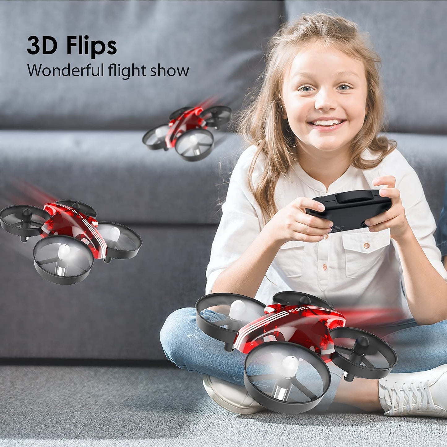 Mini Drone for Kids & Beginners, Indoor Portable Hand Operated/RC Nano Helicopter Quadcopter,Auto Hovering,3D Flips,Birthday＆ Children's Day Gift for Boys and Girls,Auto Hovering, Headless Mode & Remote Control, Red.4-blade design-ATOYX