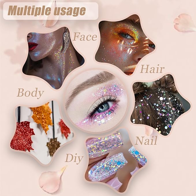 Face Body Glitter, Hair Glitter Sparkles Chunky Face Glitter Gel for Girls Makeup Singer Concerts Mermaid Festival Sequins Face Paint (Pink+Blue+Purple+Rose+Light Blue)